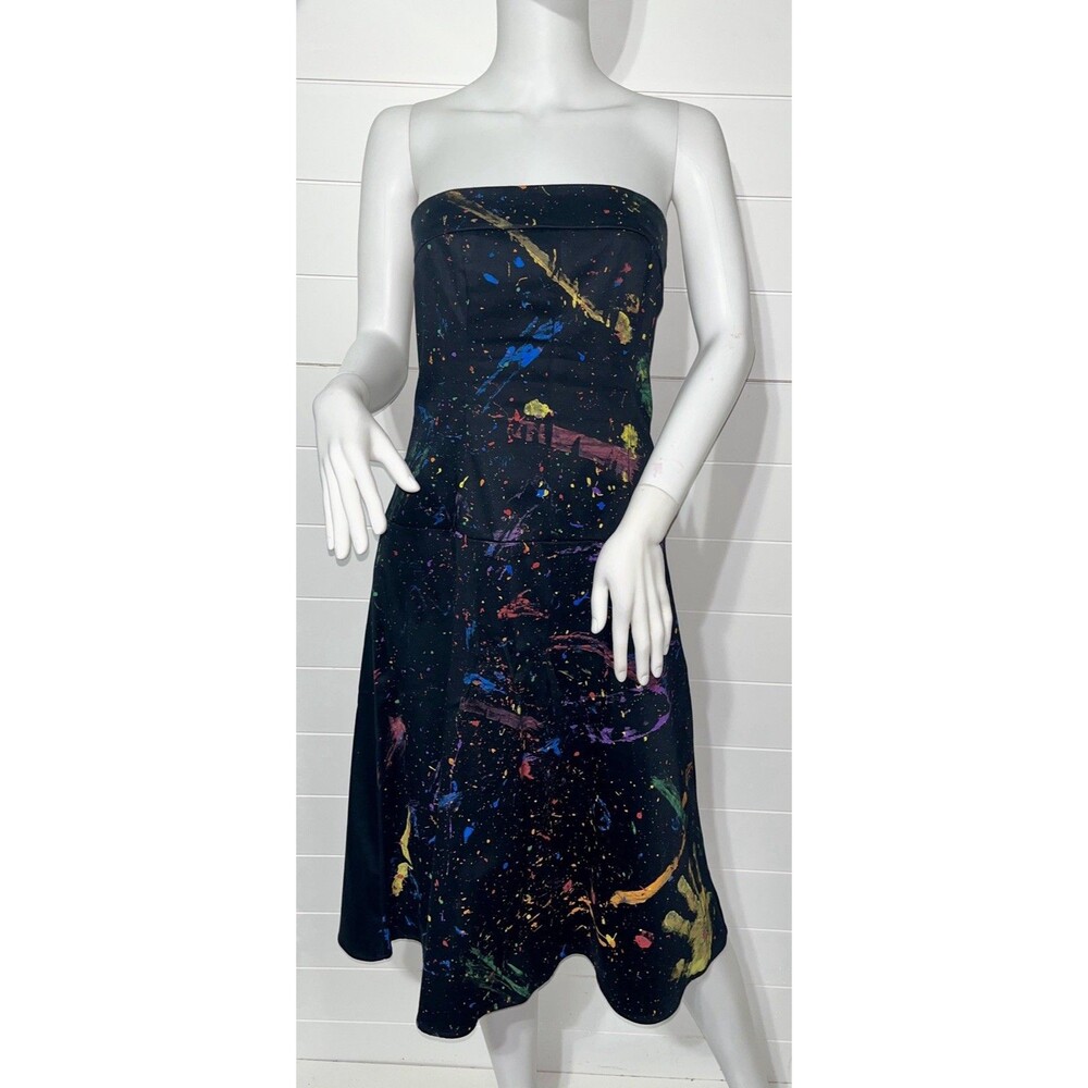 VTG 80s Strapless Corset Dress Midi 12 Art To Wear Hand Painted Paint Splatter